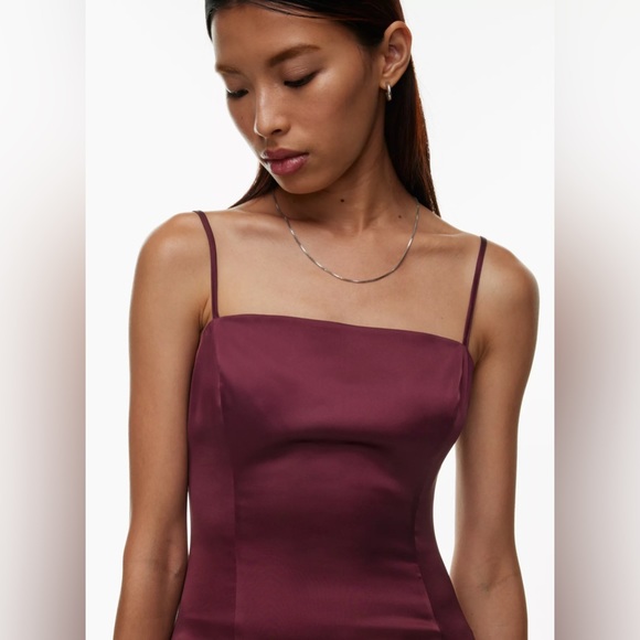 Sunday Best Shimmer Satin Square Neck 90s Style Mini Dress in Spiced Burgundy - Picture 4 of 17